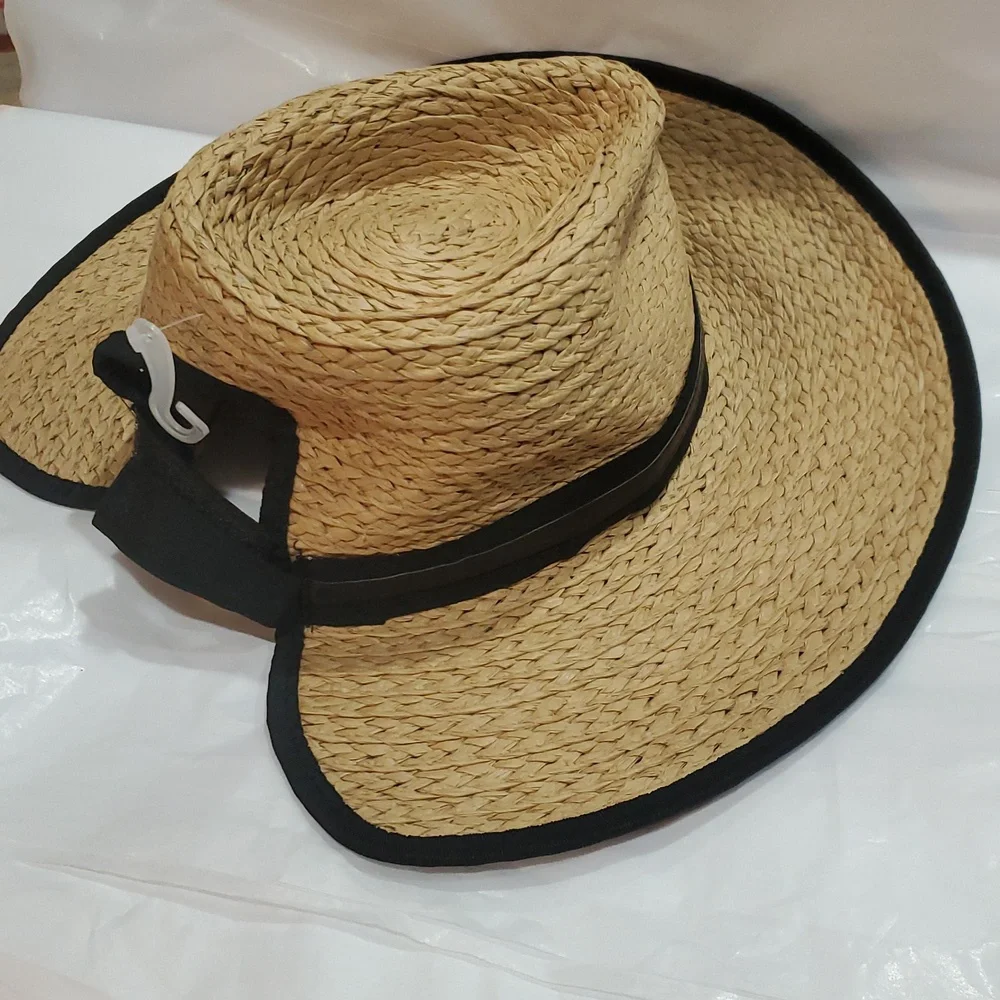 Vince Camuto tan and black ribbon trim straw fedora‎ summer UPF 50+ sun hat new
